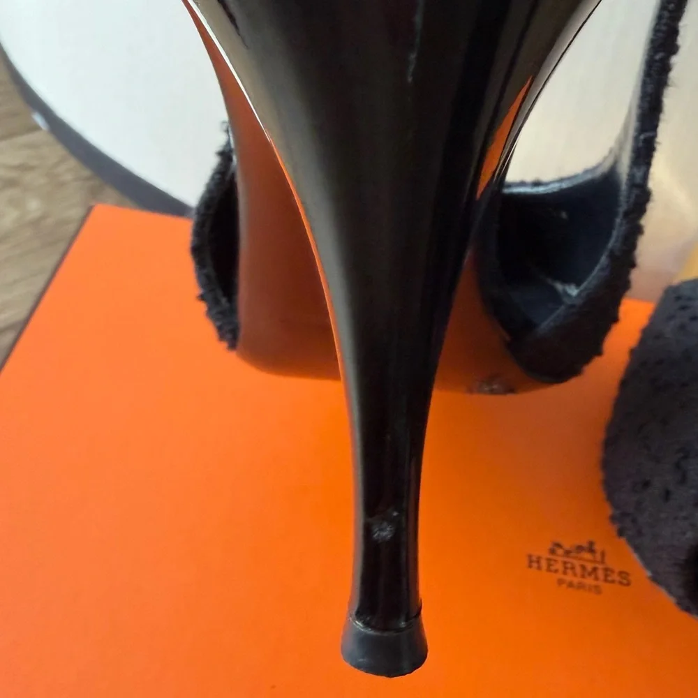 Saint Laurent Vesper Black Tweed Slingback Pointed-Toe Heels w/Gold Cap Toe 37 - Picture 5 of 7